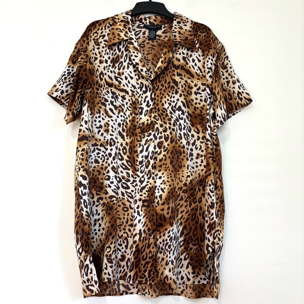 August silk Intimate Vintage cheetah short sleeve V-neck button up shirt dress M